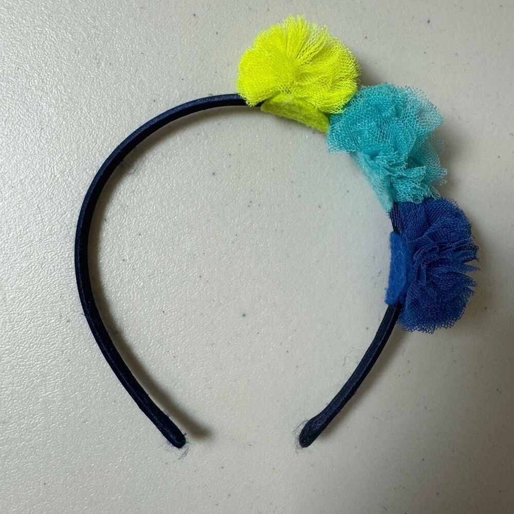 Girls Headband Navy Tulle PomPom Blue Turquoise Yellow Playful Statement Fun
